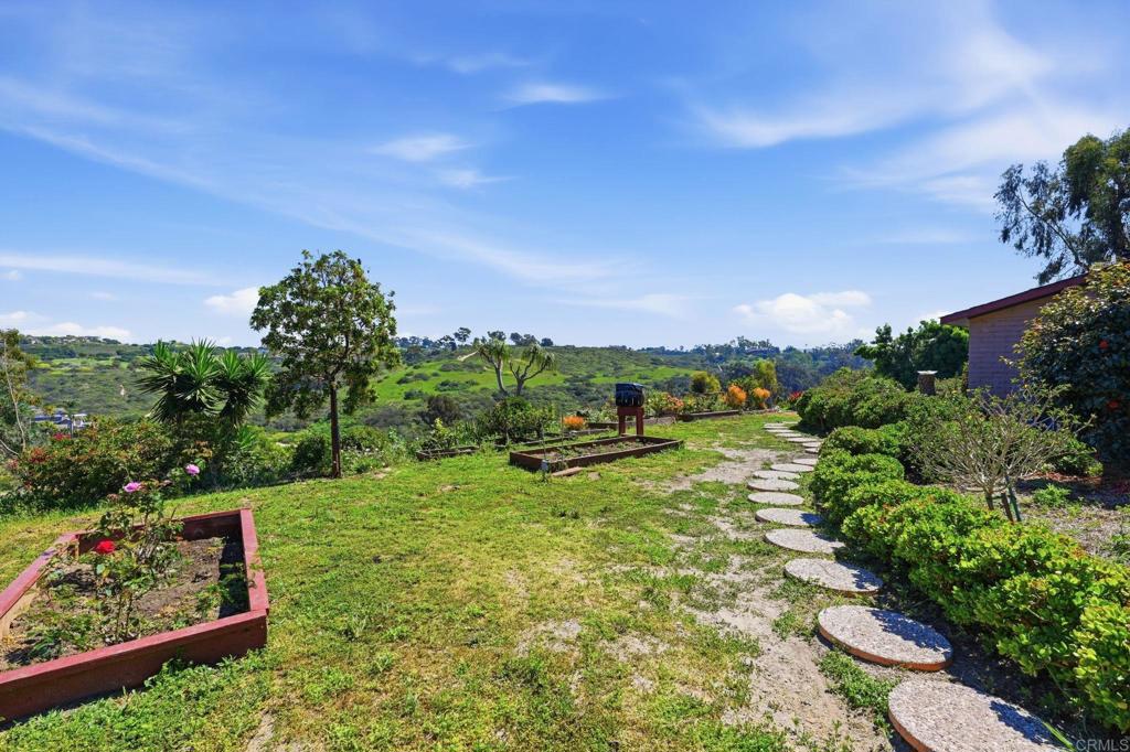 1355 Rainbow Ridge Lane Encinitas, CA 92024 - Photo 32 of 45 a view of a garden with a building in the background