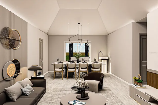 a living room with furniture a chandelier and a large window