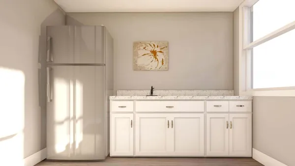 a view of cabinets and window