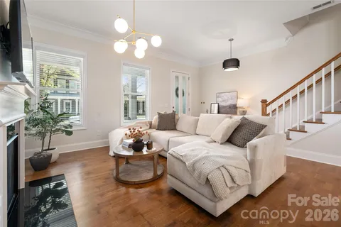 a living room with furniture potted plant and a chandelier