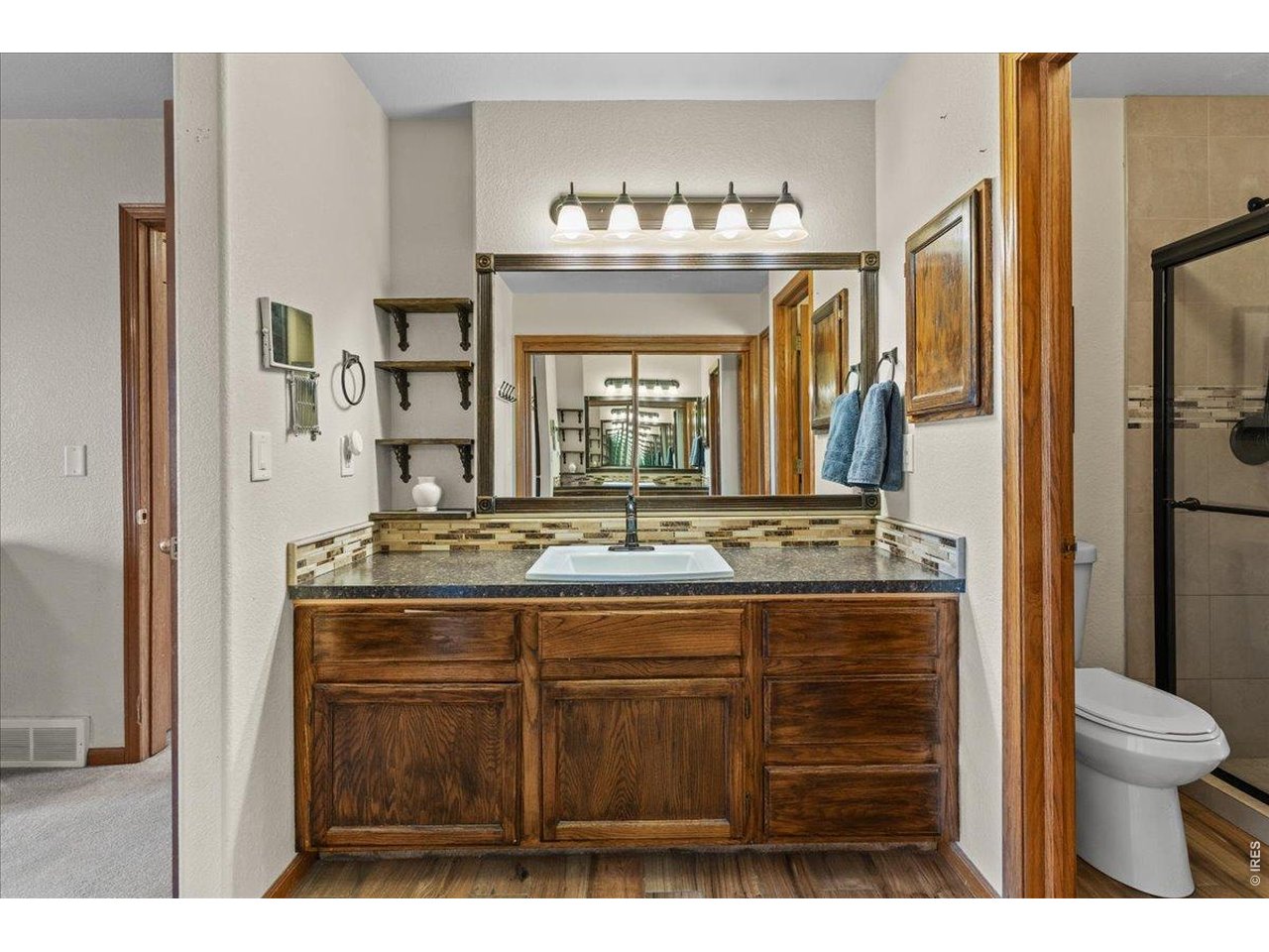 537 South 9th Street Berthoud, CO 80513 - Photo 26 of 47 a bathroom with a granite countertop sink a toilet and a mirror