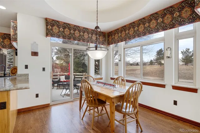 a view of a dining room with furniture window and wooden floor