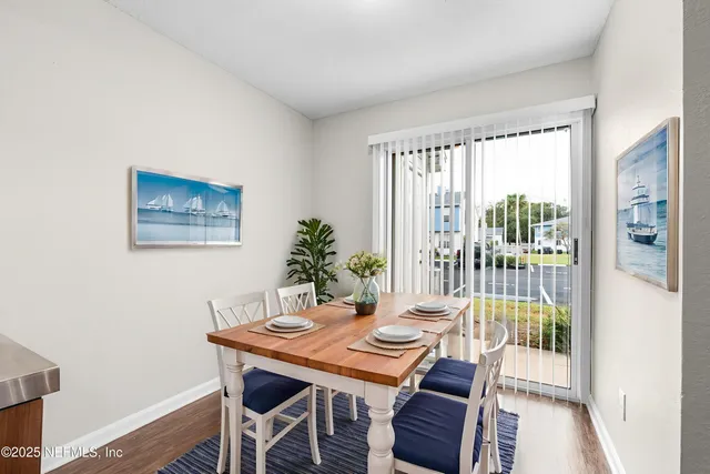 a view of a dining room with furniture window and wooden floor
