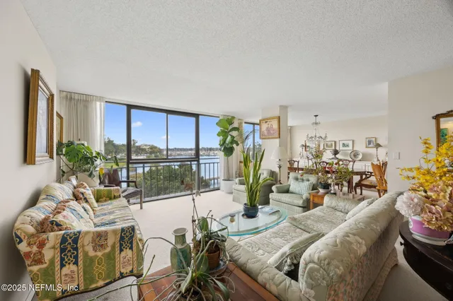 a living room with furniture potted plant and a large window