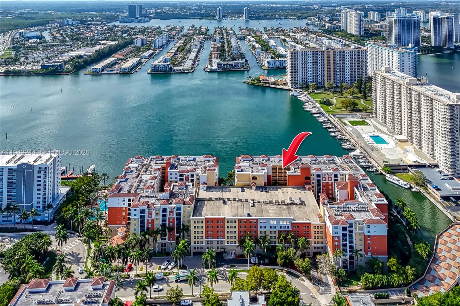17150 North Bay Road, Unit 2301 Sunny Isles Beach, FL 33160 - Photo 42 of 44 an aerial view of a house with a lake view