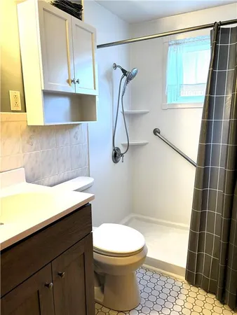 a bathroom with a toilet a sink and a shower