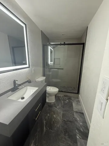 a bathroom with a sink a toilet and shower