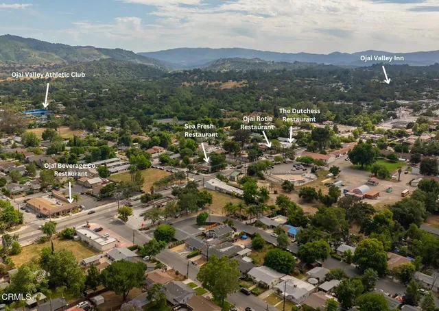 an aerial view of residential houses with outdoor space and mountain view
