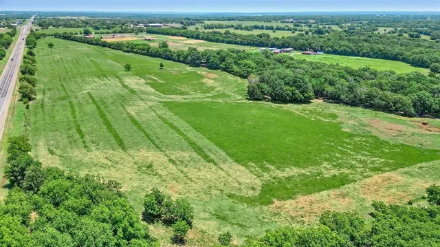 an aerial view of huge green field with lots of green plants and trees in the back