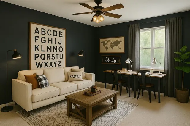a living room with stairs and a furniture