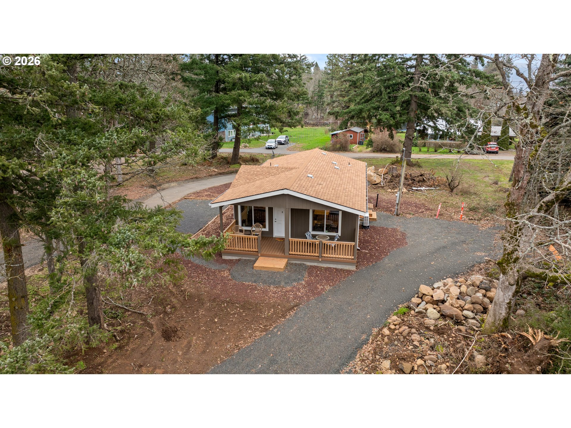 a upper view of a house with a yard