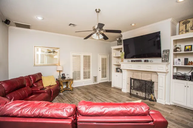 a view of a dining room with furniture and window