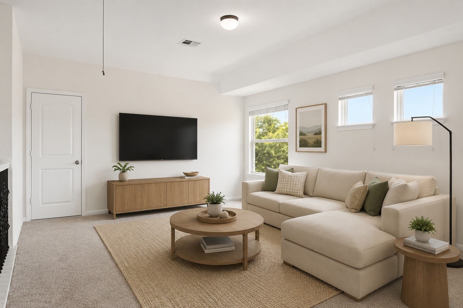 304 Santa Maria Street Georgetown, TX 78628 - Photo 29 of 37 A naturally illuminated living room features soft carpeting and ample space for relaxation. Virtually Staged.