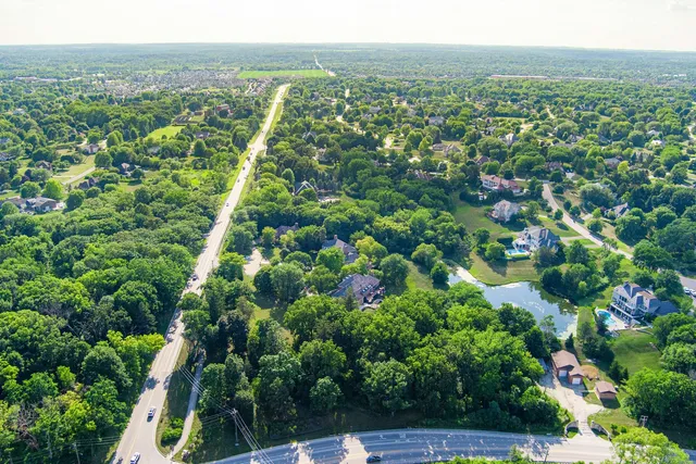 a view of a city with lush green forest