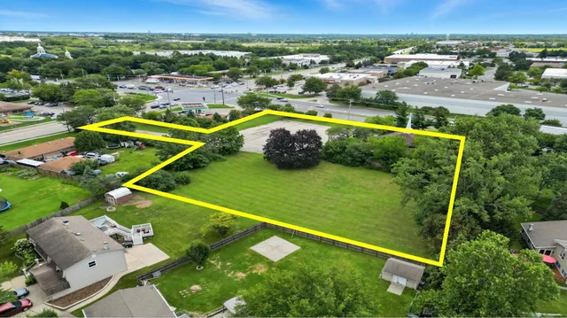 an aerial view of a pool
