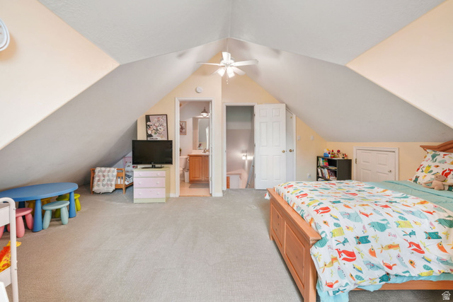 357 South 320 W Street Lindon, UT 84042 - Photo 18 of 41 Spacious carpeted room featuring a vaulted ceiling and a ceiling fan