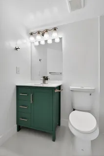 a bathroom with a sink a toilet and mirror