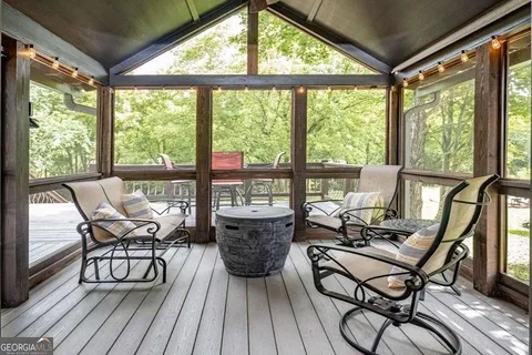 a view of a garden and deck