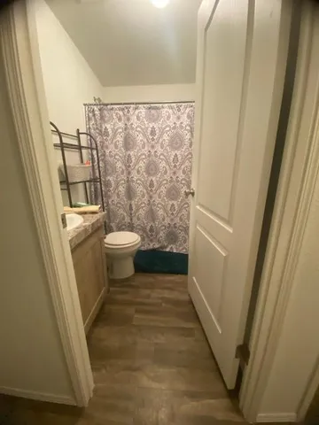 a bathroom with a shower curtain and a sink