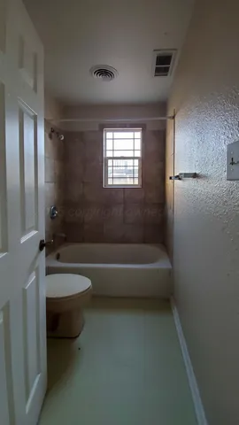 a bathroom with a bathtub and a toilet