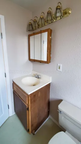 a bathroom with a sink mirror vanity and toilet