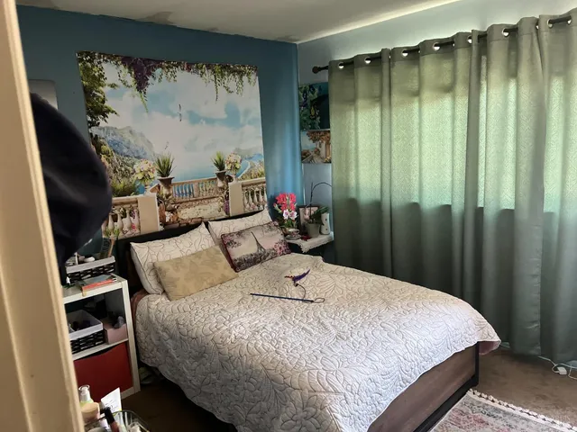 a bedroom with a bed and a dresser next to a window