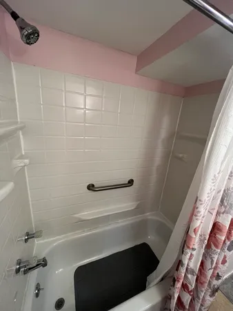 a bathroom with a bathtub