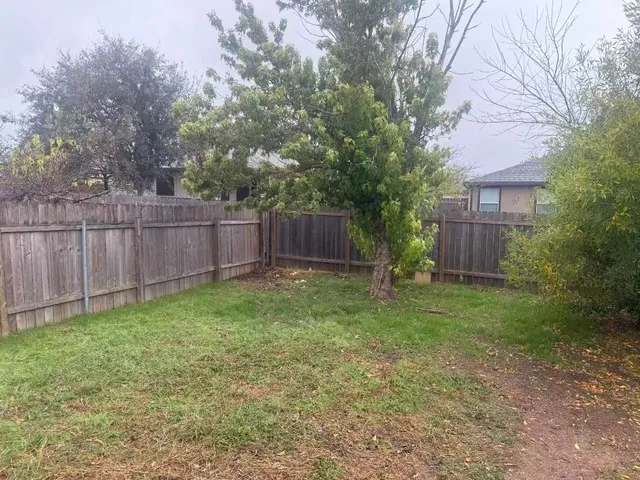a view of a backyard with large trees and wooden fence