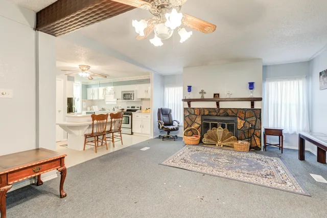 a living room with furniture and a fireplace