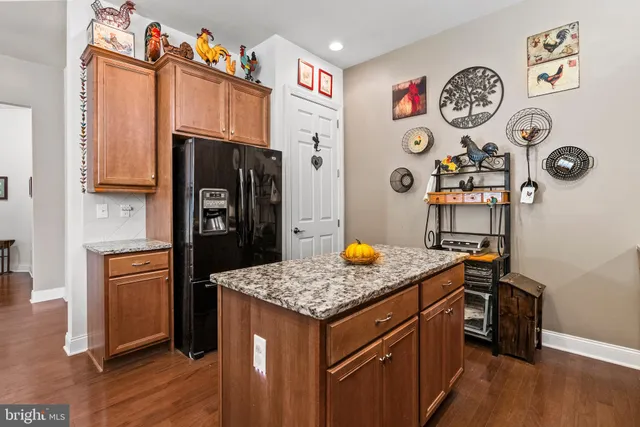a kitchen with stainless steel appliances granite countertop a refrigerator a stove and a wooden floor