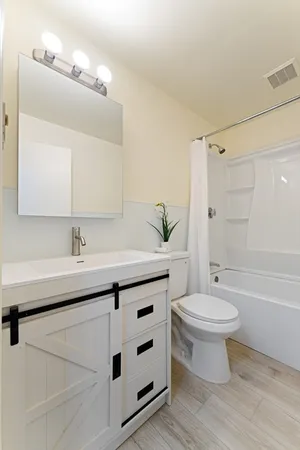 a bathroom with a double vanity sink toilet and shower