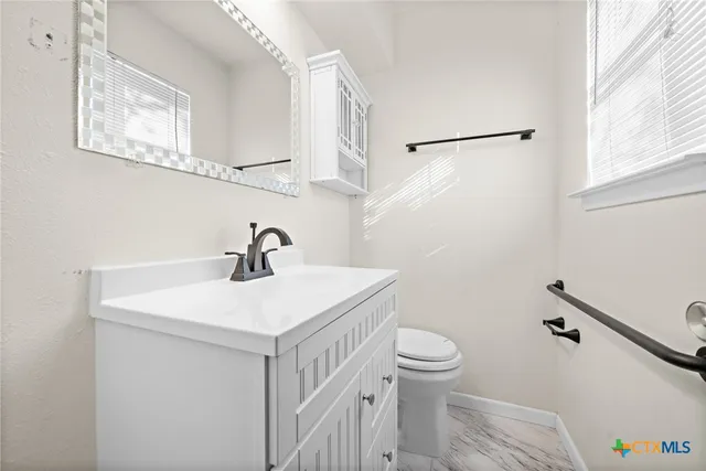 a bathroom with a sink a toilet and a mirror