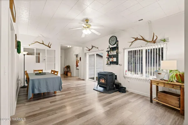 a view of a dining room with furniture