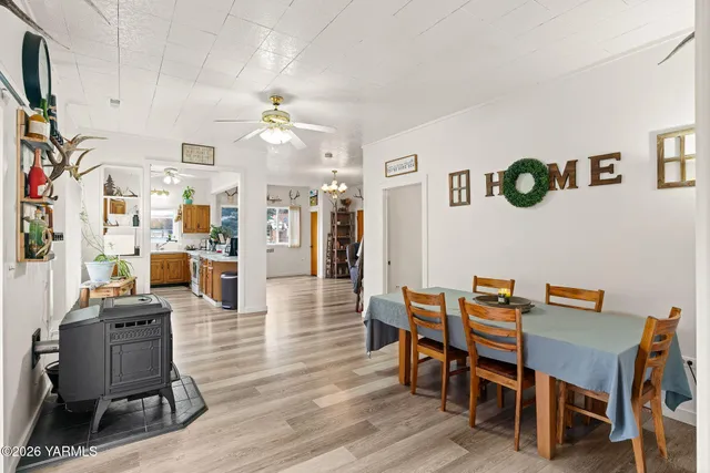 a view of a dining room with furniture
