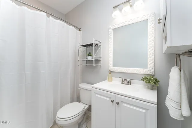 a bathroom with a sink a toilet and shower curtain