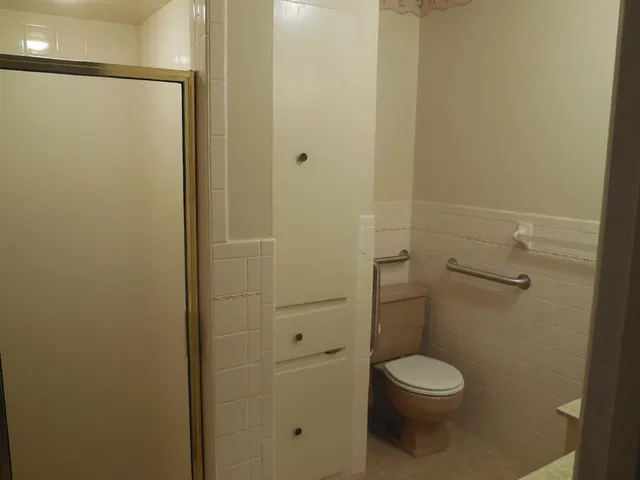 a white toilet sitting next to a shower