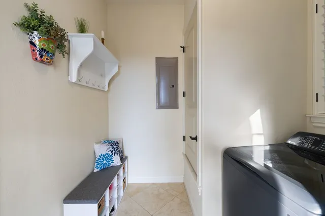 a room with a door and a table