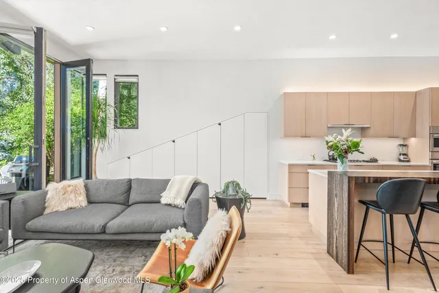 a living room with furniture and a potted plant