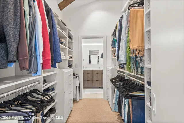 a view of walk in closet with clothes and shoes