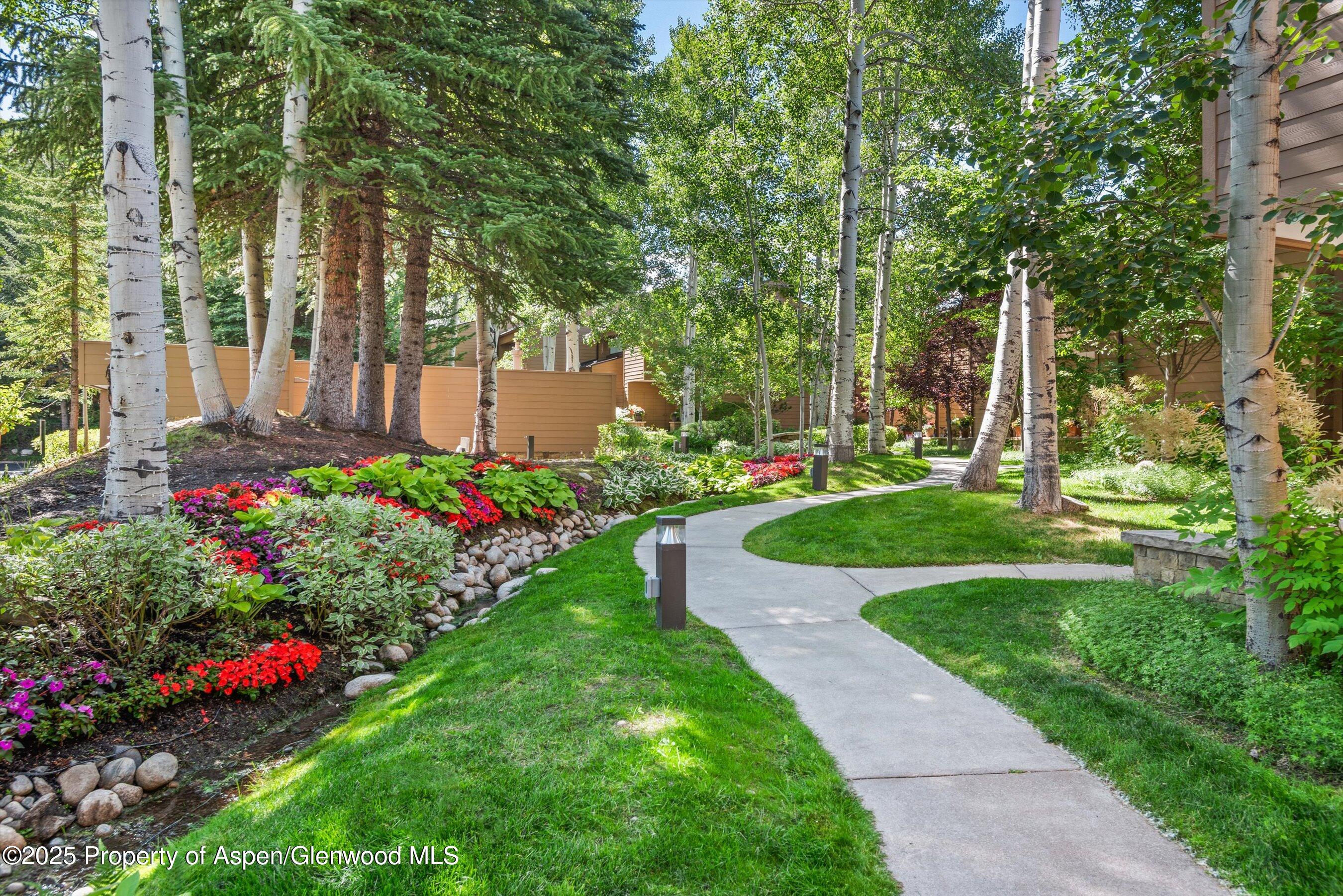 155 Lone Pine Road, Unit RIVER BLUFF #2 Aspen, CO 81611 - Photo 38 of 42 a view of a garden with flowers and trees