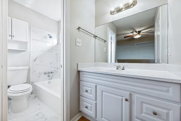 a bathroom with a sink a toilet and a large mirror