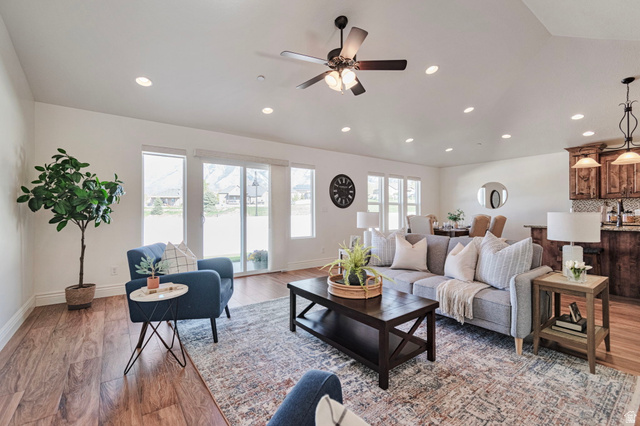 1288 North Horizon View Loop Elk Ridge, UT 84651 - Photo 6 of 40 Living area featuring light wood finished floors, a ceiling fan, and recessed lighting