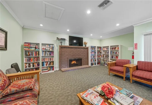 a living room with furniture fireplace and rug