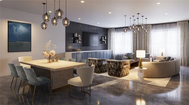 a view of a dining room with furniture and window