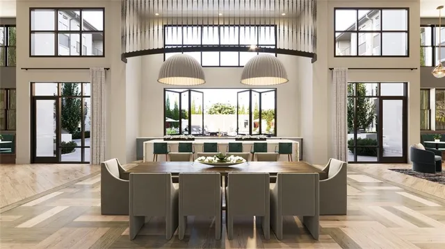 a dining hall with furniture window and wooden floor