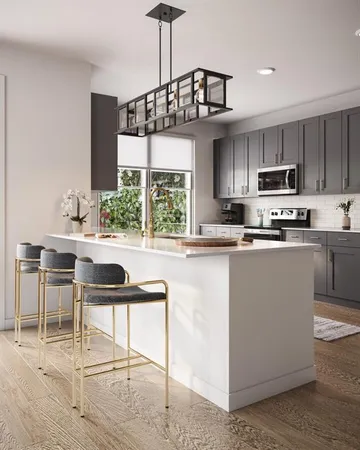 a kitchen with kitchen island granite countertop a sink a counter top space appliances and cabinets