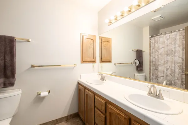 a bathroom with a sink a toilet and shower