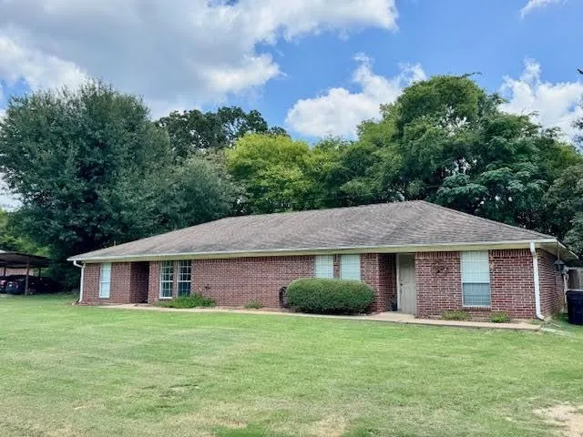 a aerial view of a house with a yard and large tree
