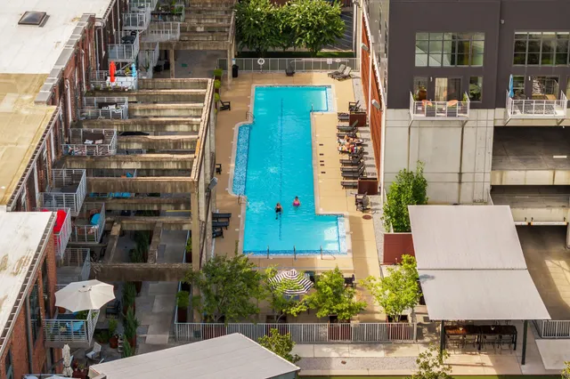 a aerial view of a building with street view