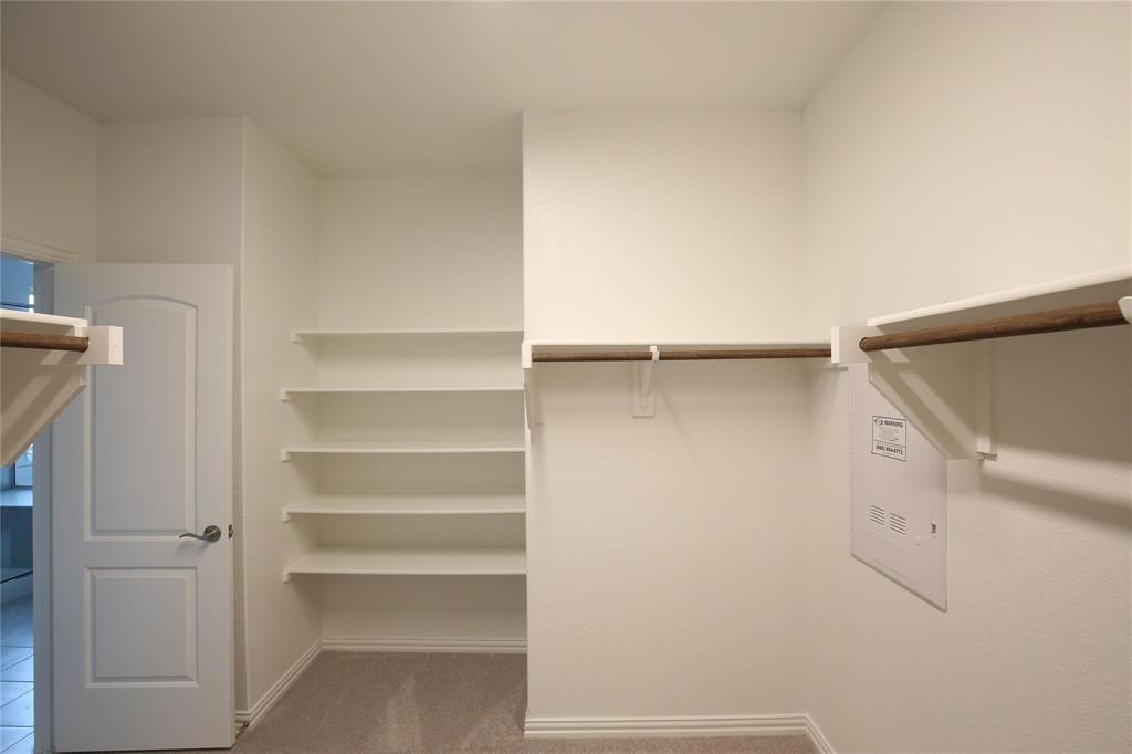 15142 Rosario Road Frisco, TX 75035 - Photo 13 of 21 Spacious walk-in closet featuring built-in shelving, multiple clothing rods, and neutral-toned carpeting